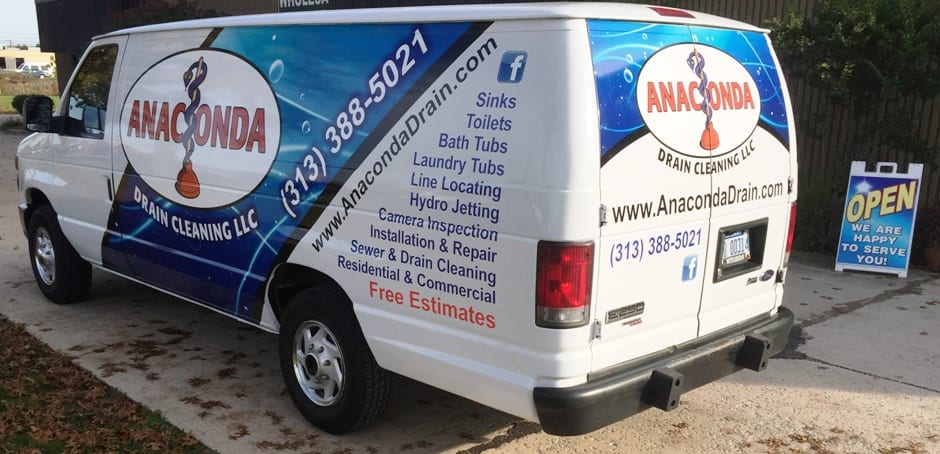 Anaconda Drain Cleaning Partial Vehicle Wrap Glamour MI Custom Signs Taylor MI