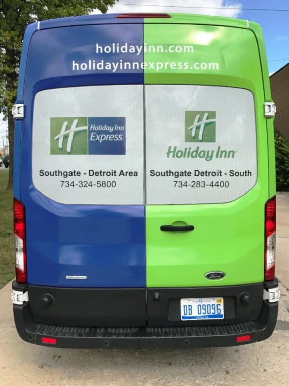 Holiday Inn Express Van Full Wrap Rear Window Perf MI Custom Signs Taylor MI