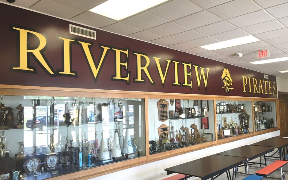 Riverview Schools Pirates Trophies Display MI Custom Signs Taylor MI