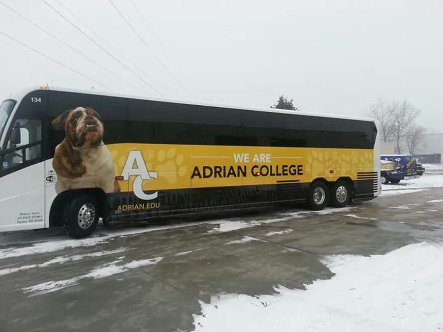 Adrian College Bianco Tours Bus Wrap MI Custom Signs Taylor Michigan
